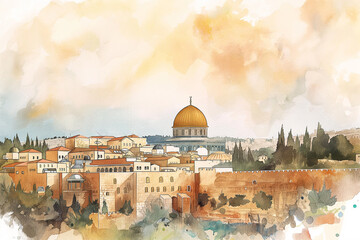 Watercolor illustration of Jerusalem cityscape, showcasing the historic Old City, Dome of the Rock and the revered Western Wall, capturing the essence of the city’s rich heritage