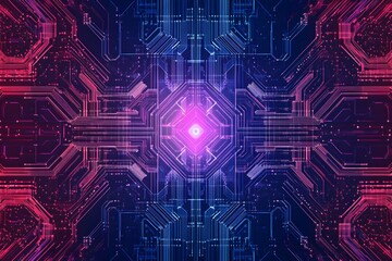 Abstract Circuit Board Design with Glowing Center and Red-blue Lighting