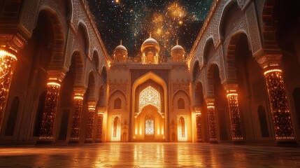 A rustic interior space decorated with festive string lights and bunting