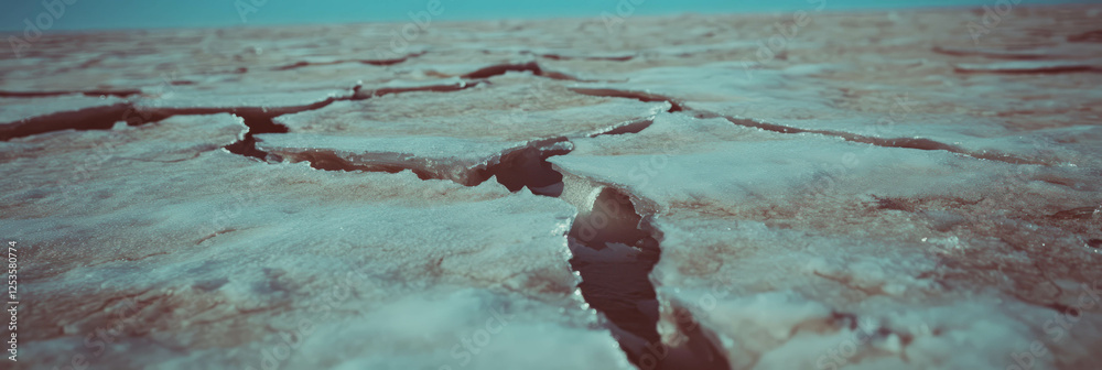 Poster vast frozen desert with ice dunes showcasing cracks and deep shadows under bright light