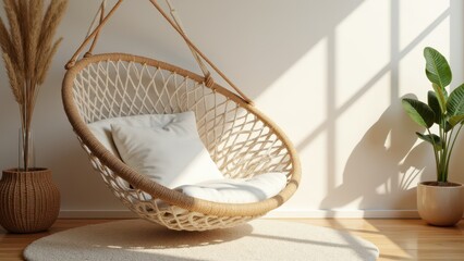 Fototapeta premium Round Pillow Mockup, Bohemian bedroom with hammock chair and decorative round pillow.