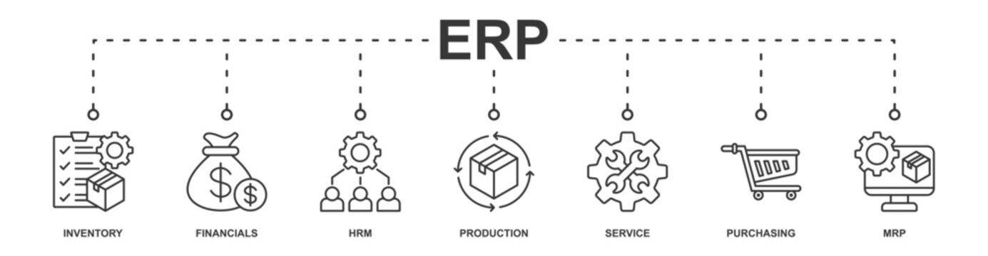 ERP banner web icon sheet vector illustration concept with icon of inventory, financials, hrm, production, service, purchasing, mrp