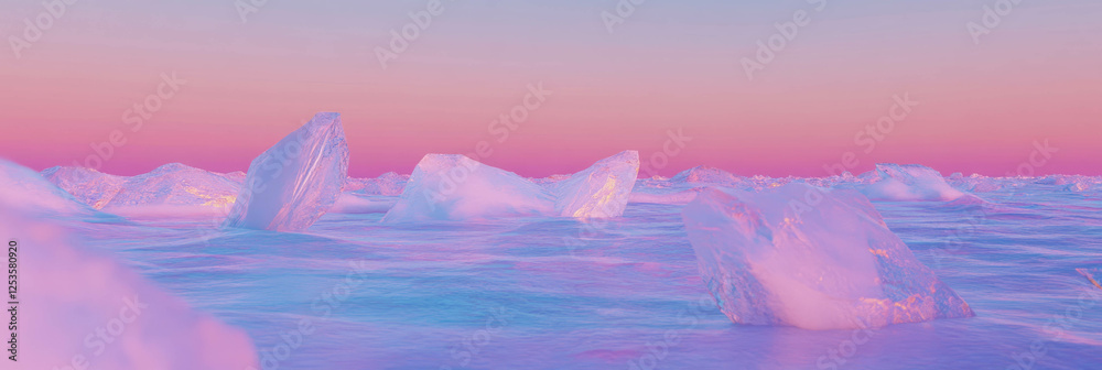 Poster expansive icy plains with geometric patterns and floating mountains in bright pastel tones