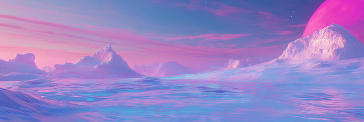 Infinite icy plains with geometric patterns and floating mountains under a bright sky