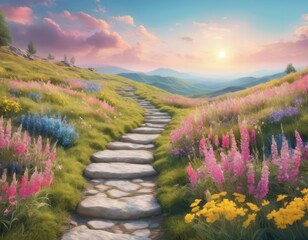 Obraz premium A scenic mountain path through green meadows under a blue sky
