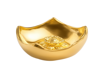 A golden ingot with an intricate floral design, isolated on white transparent background, symbolizing wealth and Chinese Lunar New Year