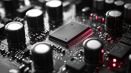 high-tech circuit board close-up with red lighting
