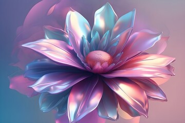 Fototapeta premium Holographic flower banner, copy space. Surreal flower in iridescent tones. Abstract bloom with holographic hues