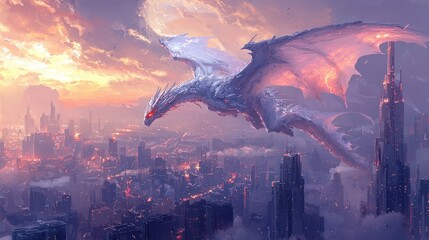 Obraz premium White dragon soaring over futuristic city at sunset; fantasy art