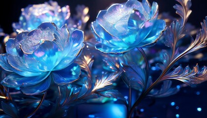beautiful glitter iridescent light close up 3d blue peony crystal flower wallpaper background