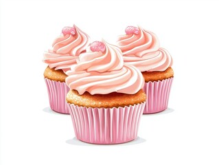 A delightful display of three delicious cupcakes topped with soft pink frosting and decorative sprinkles. Perfect for celebrations, birthday parties, or sweet treats.