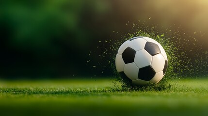 Fototapeta premium Vibrant soccer ball on pristine green grass, a captivating image of sports and recreation