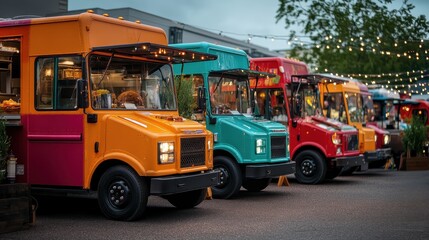 Colorful food trucks lined up at a vibrant outdoor venue, illuminated by string lights.