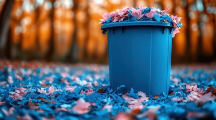 Autumnal Serenity: Blue Bucket Overflowing with Pink and Blue Leaves in a Forest