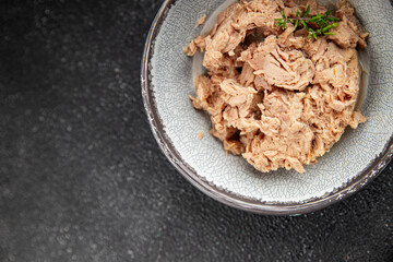 tuna fish canned fresh tasty dish gourmet food background on the table rustic food top view copy space keto and paleo diet food pescetarian 
