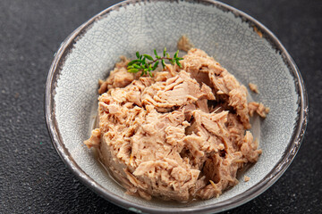 tuna fish canned fresh tasty dish gourmet food background on the table rustic food top view copy space keto and paleo diet food pescetarian 
