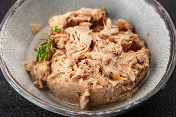tuna fish canned fresh tasty dish gourmet food background on the table rustic food top view copy space keto and paleo diet food pescetarian 