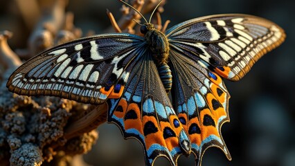 Vibrant butterfly with black and orange pattern resting on coral