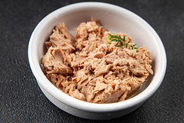 tuna fish canned fresh tasty dish gourmet food background on the table rustic food top view copy space keto and paleo diet food pescetarian 