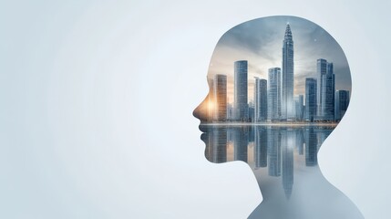Surreal urban portrait, person's head with city background a psychedelic blend of mind and metropolis