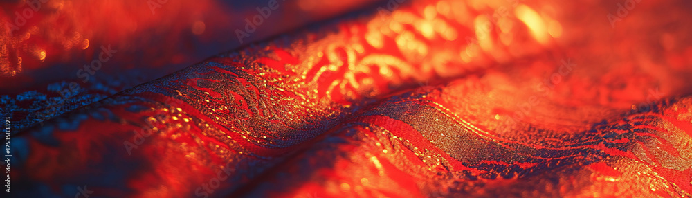 Poster intricate woven patterns of brocade fabric with metallic threads and vibrant colors