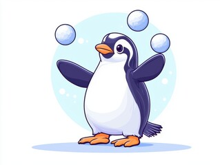 Fototapeta premium A playful cartoon penguin juggling snowballs against a light blue background, showcasing its charming personality and whimsical nature, perfect for children's designs and fun illus