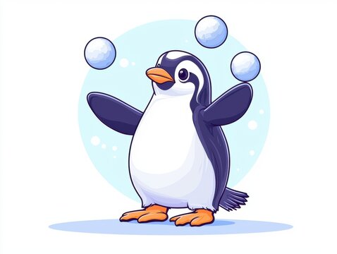 A playful cartoon penguin juggling snowballs against a light blue background, showcasing its charming personality and whimsical nature, perfect for children's designs and fun illus