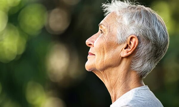 An elderly woman gazes thoughtfully into the distance with a serene expression, surrounded by soft natural light, symbolizing wisdom, reflection, and the beauty of aging gracefully.