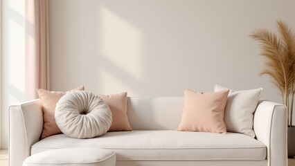 Round Pillow Mockup, Modern pastel living room with patterned round pillow on minimalist sofa.