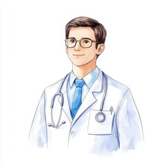 Fototapeta premium A professional male doctor in a white coat and glasses, smiling confidently. He represents healthcare and compassion, ideal for medical themes or health-related content.