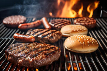 Saftige Steaks und Burgerbuns auf einem Grillrost