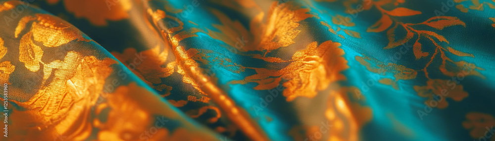 Poster vibrant damask fabric texture showcasing intricate woven patterns and rich colors