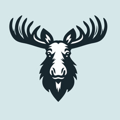Moose Head Vector Illustration – Stylized Black and White Moose Logo Design, Wildlife Animal Mascot, Elegant Antler Silhouette, Forest Creature Symbol, Rustic Nature-Inspired Artwork