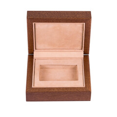 A wooden box or a box isolated on a white background. Packaging for storing small gifts