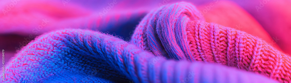 Poster macro texture of double knit fabric showcasing vibrant interwoven yarns and unique patterns