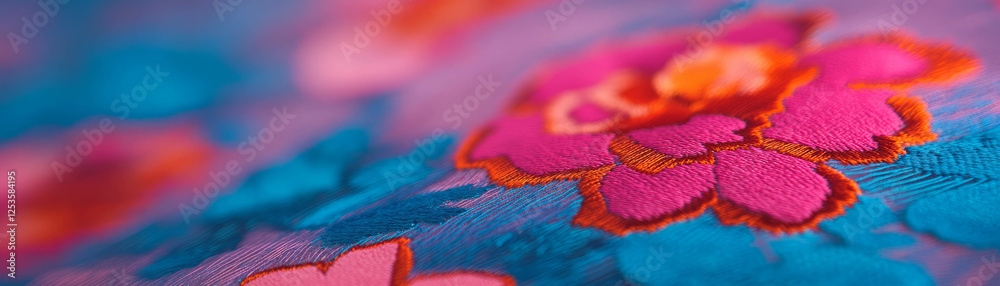 Poster Intricate macro texture of embroidered fabric with colorful raised patterns and threads