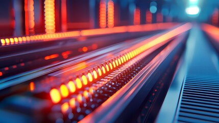 A futuristic scene showcasing illuminated lines with vibrant orange and blue colors, creating a dynamic and technological atmosphere.