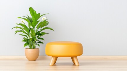 Fototapeta premium Bright Yellow Ottoman Next to Lush Green Plant in Modern Minimalist Living Space Interior Design