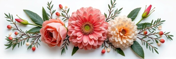 Vibrant floral arrangement with pink and peach blooms on white background