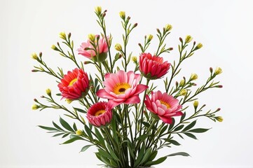 Bright pink and yellow flowers with lush greenery against white background