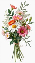 Colorful bouquet of mixed flowers with green leaves