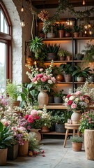 Lush floral shop interior with vibrant bouquets and potted plants by window