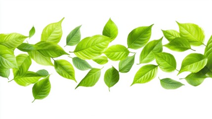 Fototapeta premium Scattered Green Leaves on a White Background Creating a Fresh and Lively Natural Atmosphere
