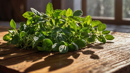 A cluster of fresh green herbs sits on a sun lit, weathered wooden surface.