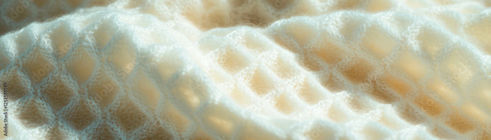 Poster macro texture of waffle knit fabric featuring square indentations against a bright background