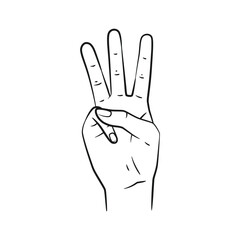 Vector Line Art Hand Gestures Showing Numbers 3. Isolated on White Background