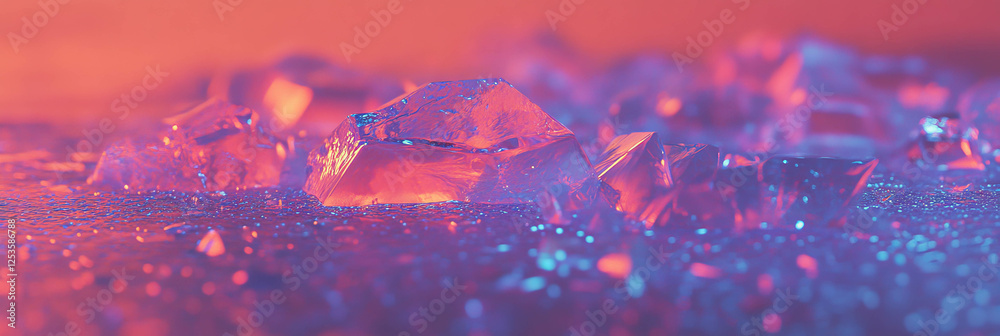 Poster melting ice reveals hidden geometric shapes with soft lighting in a bright background