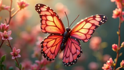 Fototapeta premium Vibrant monarch butterfly among pink blossoms in sunlit garden
