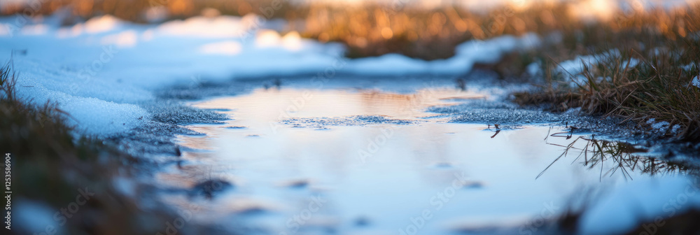 Poster Melting snow reveals vibrant abstract patterns and textures in soft diffused light