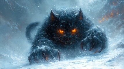 A fierce, mythical black cat with glowing orange eyes prowls through a snowy landscape.